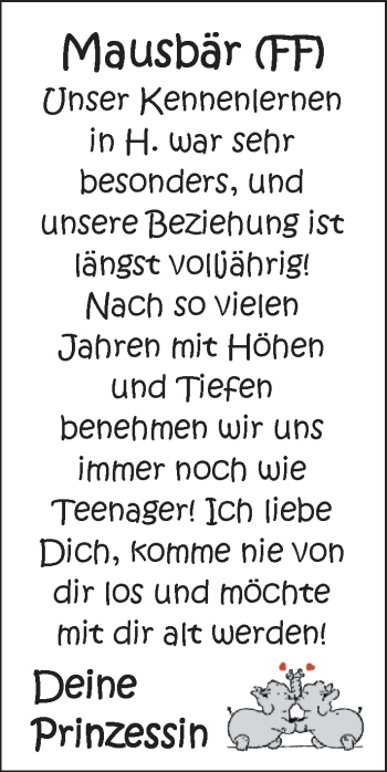Glückwunschanzeige von Mausbär FF  von Nordwest-Zeitung