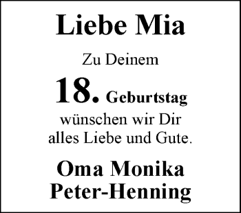Glückwunschanzeige von Mia  von Nordwest-Zeitung