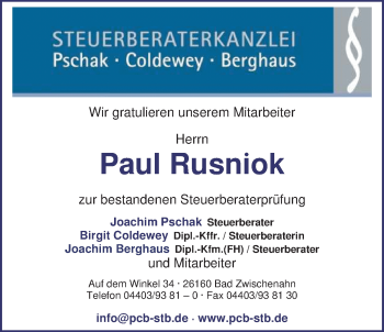 Glückwunschanzeige von Paul Rusniok von Nordwest-Zeitung