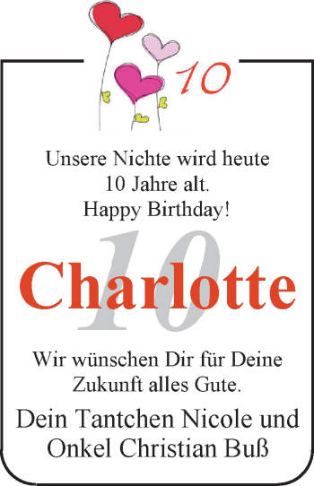 Glückwunschanzeige von Charlotte  von Nordwest-Zeitung