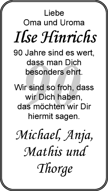 Glückwunschanzeige von Ilse Hinrichs von Nordwest-Zeitung