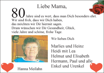 Glückwunschanzeige von Hanna Meilahn von Nordwest-Zeitung