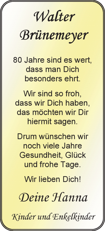 Glückwunschanzeige von Walter Brünemeyer von Nordwest-Zeitung