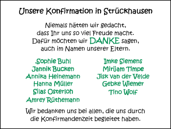 Glückwunschanzeige von Konfirmation Strückhausen von Nordwest-Zeitung