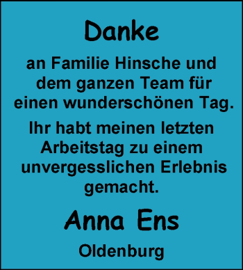 Glückwunschanzeige von Familie Hinsche von Nordwest-Zeitung