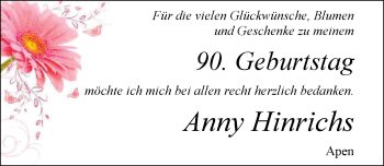 Glückwunschanzeige von Anny Hinrichs von Nordwest-Zeitung