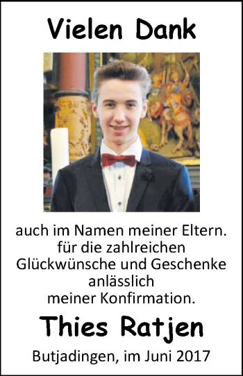 Glückwunschanzeige von Thies Ratjen von Nordwest-Zeitung
