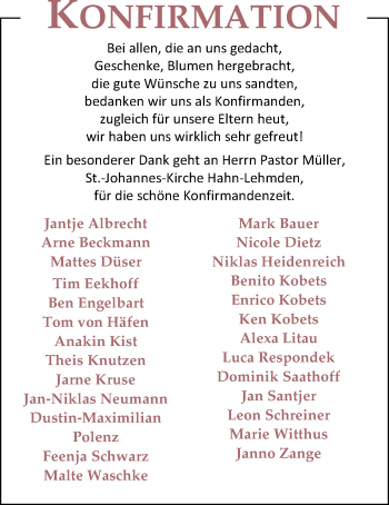 Glückwunschanzeige von Konfirmation Hahn-Lehmden  von Nordwest-Zeitung