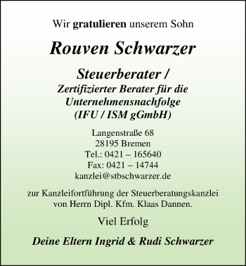 Glückwunschanzeige von Rouven Schwarzer von Nordwest-Zeitung