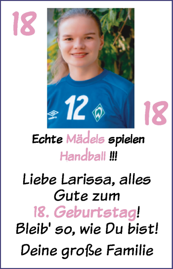 Glückwunschanzeige von Larissa  von Nordwest-Zeitung