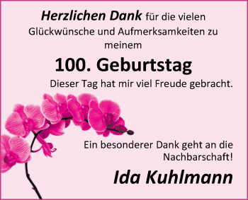 Glückwunschanzeige von Ida Kuhlmann von Nordwest-Zeitung