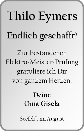 Glückwunschanzeige von Thilo Eymers von Nordwest-Zeitung