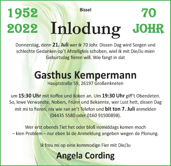 Glückwunschanzeige von Angela Cording von Nordwest-Zeitung