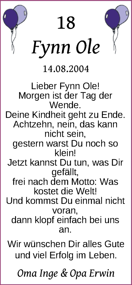 Glückwunschanzeige von Fynn Ole  von Nordwest-Zeitung
