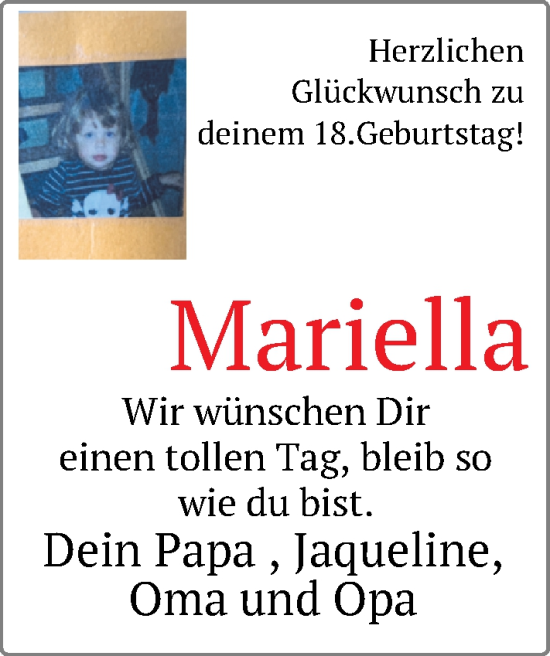 Glückwunschanzeige von Mariella  von Nordwest-Zeitung