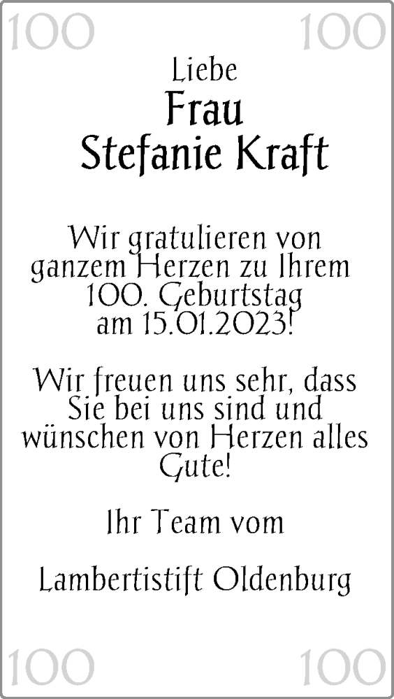 Anzeige für Stefanie Kraft vom 14.01.2023 aus Nordwest-Zeitung