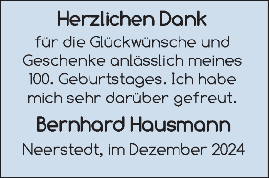 Glückwunschanzeige von Bernhard Hausmann von Nordwest-Zeitung