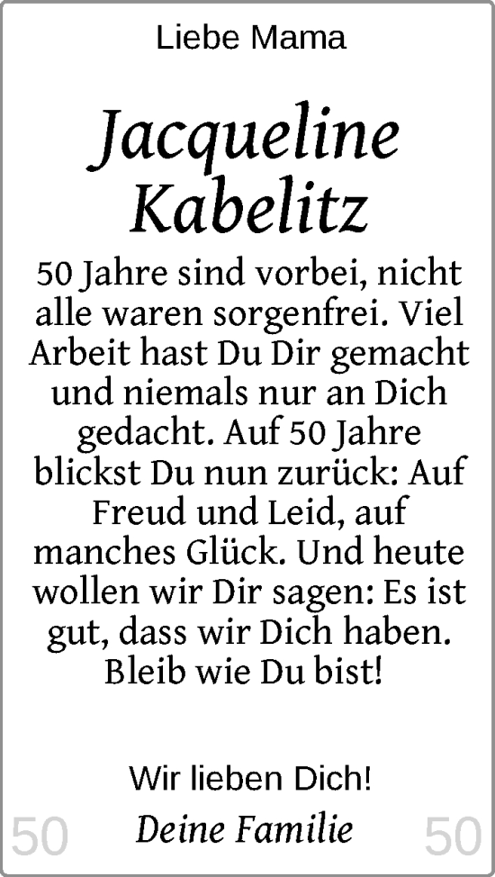 Glückwunschanzeige von Jacqueline Kabelitz von Nordwest-Zeitung