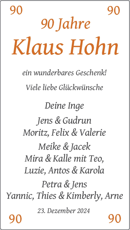 Glückwunschanzeige von Klaus Hohn von Nordwest-Zeitung