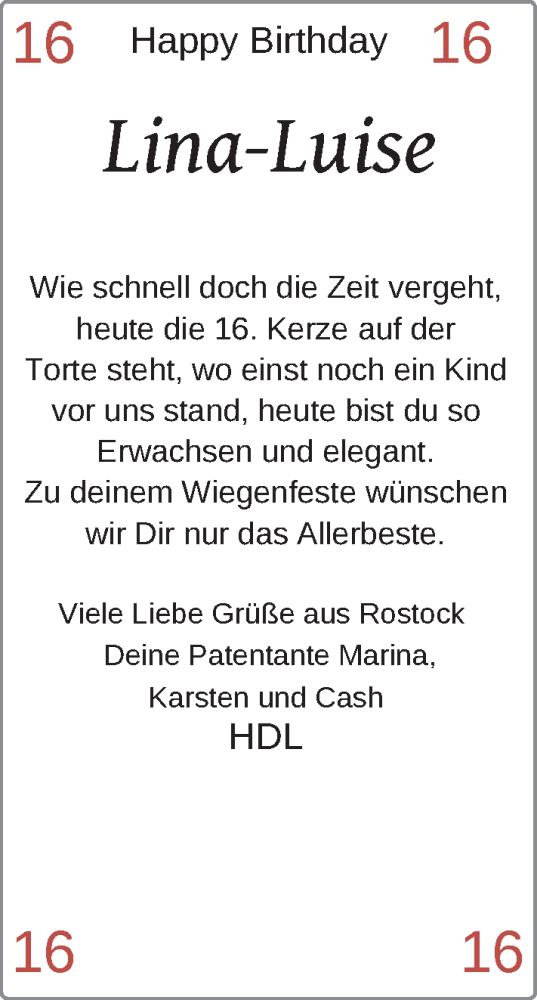 Glückwunschanzeige von Lina-Luise  von EZ