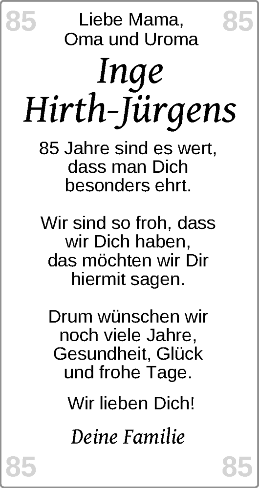 Glückwunschanzeige von Inge Hirth-JÃ¼rgens von BM