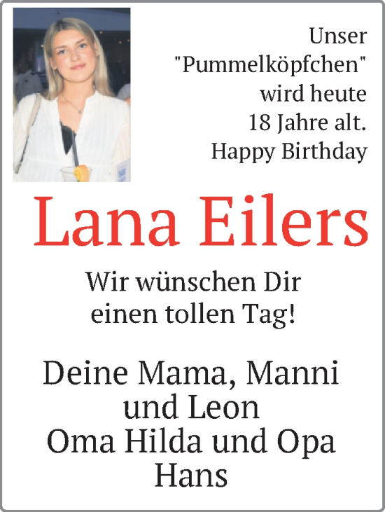 Glückwunschanzeige von Lana Eilers von Nordwest-Zeitung