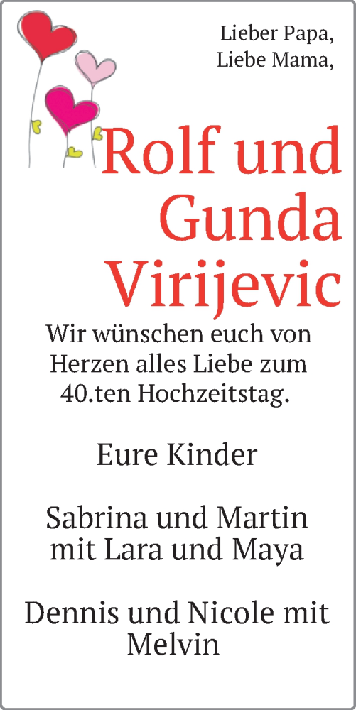 Anzeige für Rolf und Gunda Virijevic vom 10.02.2024 aus BM