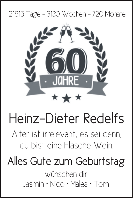 Glückwunschanzeige von Heinz-Dieter Redelfs von BM
