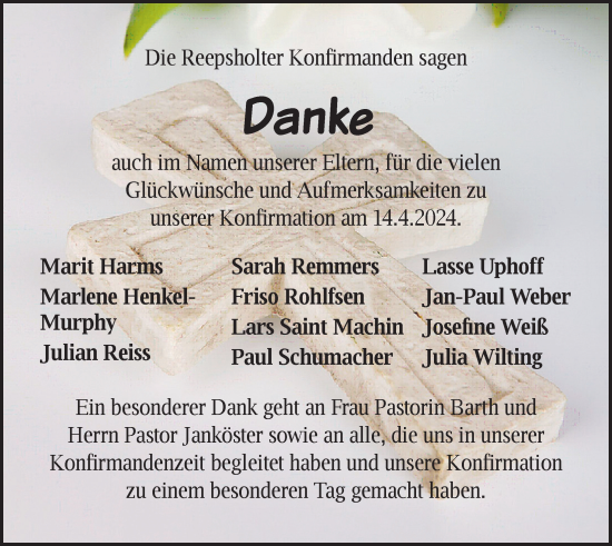Glückwunschanzeige von Reepsholter Konfirmanden  von BM