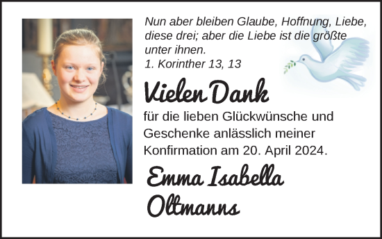 Glückwunschanzeige von Emma Isabella Oltmanns von Nordwest-Zeitung