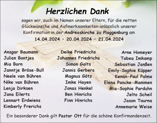 Glückwunschanzeige von Konfirmation Andreaskirche zu Plaggenburg von EZ
