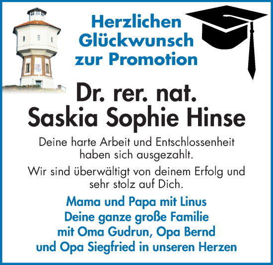 Glückwunschanzeige von Saskia Sophie Hinse von BM