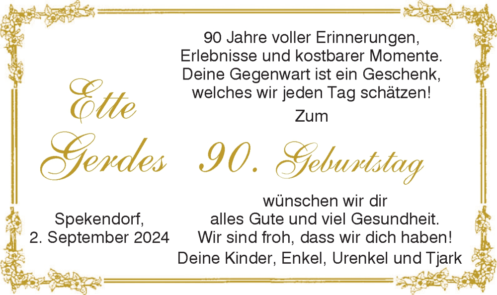 Anzeige für Ette Gerdes vom 02.09.2024 aus BM