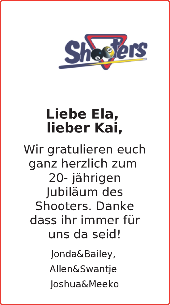 Glückwunschanzeige von Billard CafÃ© Shooters von EZ