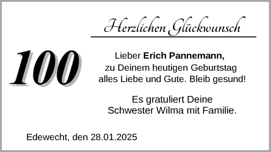 Glückwunschanzeige von Erich Pannemann von Nordwest-Zeitung