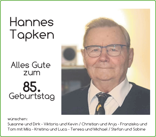 Glückwunschanzeige von Hannes Tapken von Nordwest-Zeitung