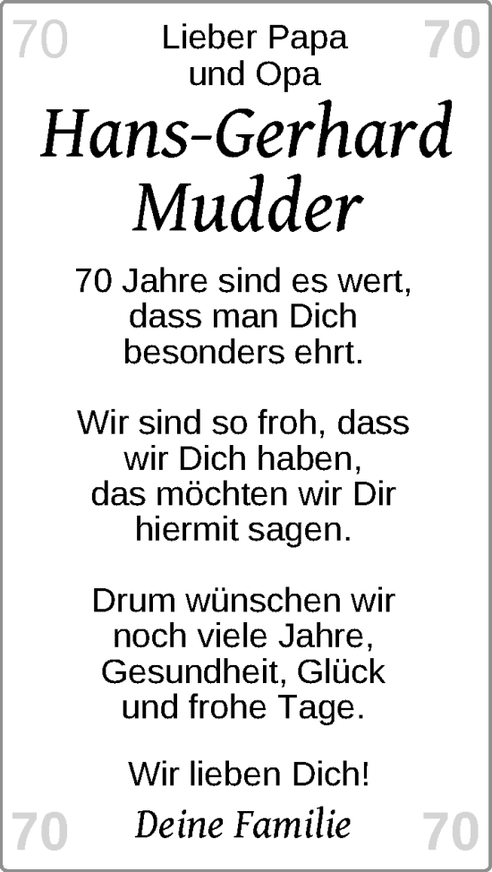 Glückwunschanzeige von Hans-Gerhard Mudder von EZ