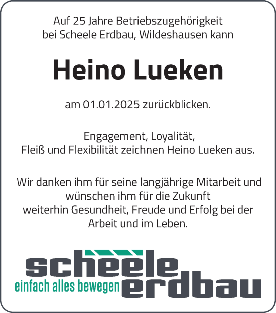 Glückwunschanzeige von Heino Lueken von Nordwest-Zeitung