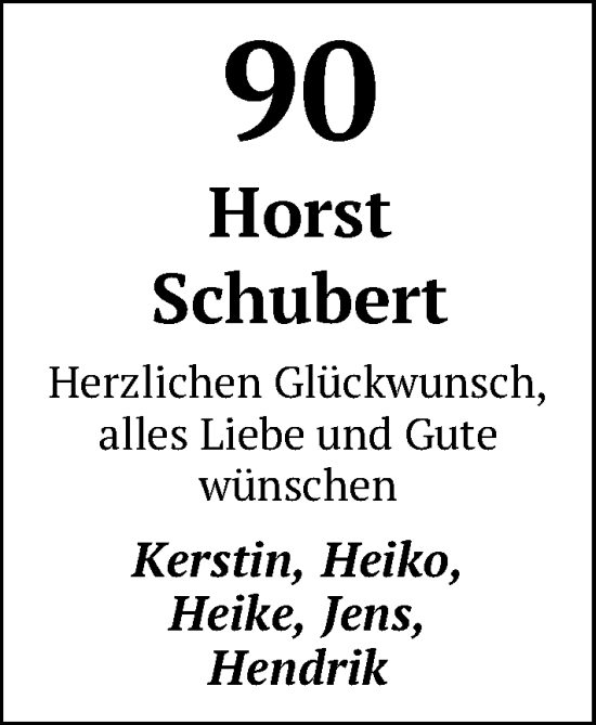 Glückwunschanzeige von Horst Schubert von Nordwest-Zeitung