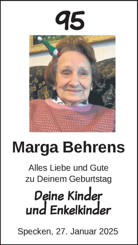 Glückwunschanzeige von Marga Behrens von Nordwest-Zeitung