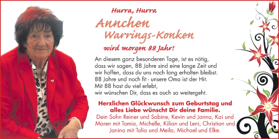 Glückwunschanzeige von Annchen Warrings-Konken von BM