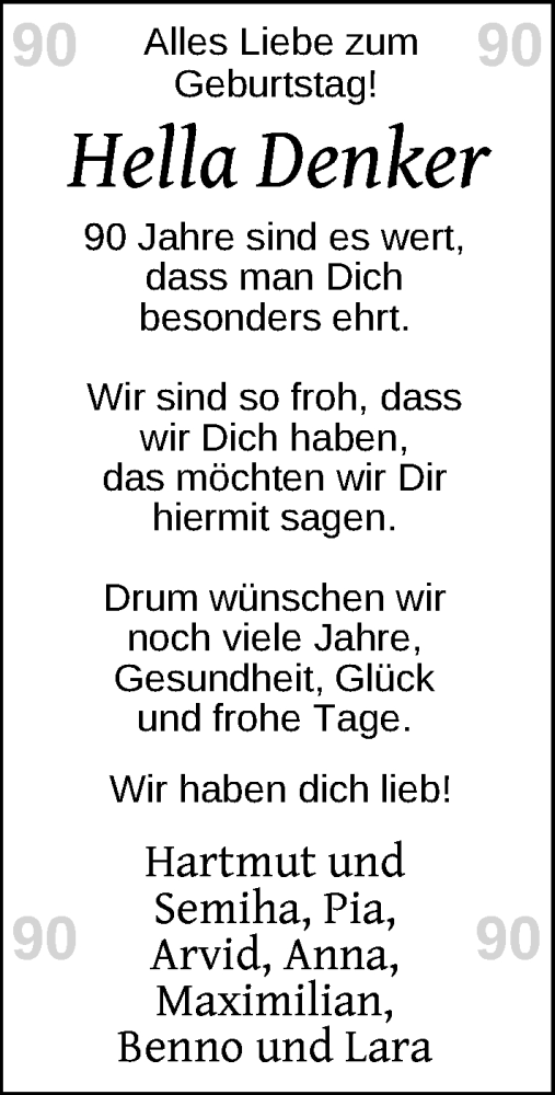 Glückwunschanzeige von Hella Denker von Nordwest-Zeitung