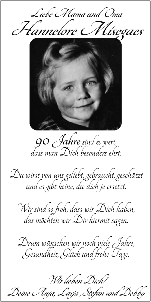 Glückwunschanzeige von Hannelore Misegaes von Nordwest-Zeitung