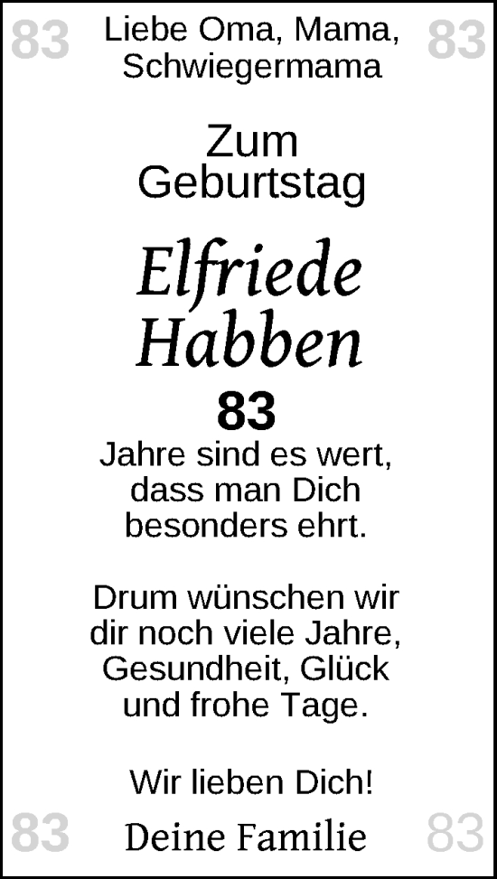 Glückwunschanzeige von Elfriede Habben von BM