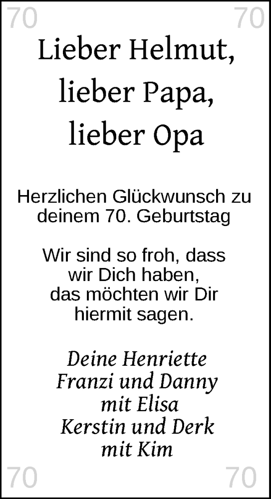 Glückwunschanzeige von Helmut Vehnekamp von EZ