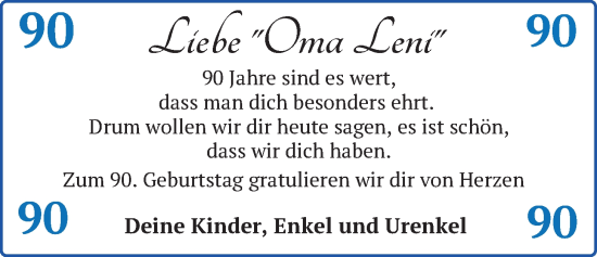Glückwunschanzeige von Oma Leni  von BM