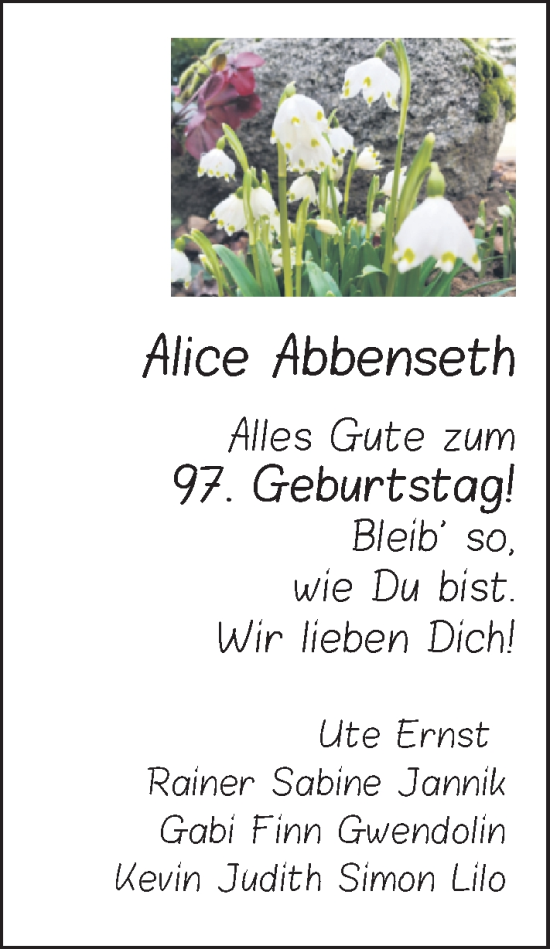 Glückwunschanzeige von Alice Abbenseth von Nordwest-Zeitung