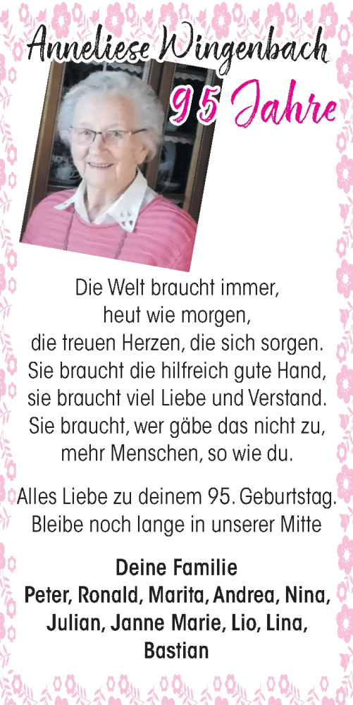Glückwunschanzeige von Anneliese Wingenbach von Nordwest-Zeitung