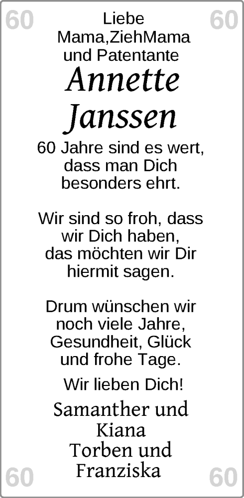 Glückwunschanzeige von Annette Janssen von EZ