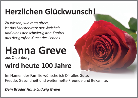 Glückwunschanzeige von Hanna Greve von Nordwest-Zeitung